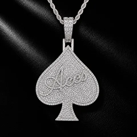 Hip Hop Mens Spade Aces Letter Pendant Necklace Alloy Rhinestone Gold Silver Plated Rap Style Fashion Jewelry