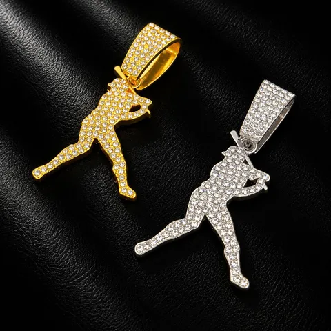 Uomini Hip Hop Strass Giocatore di Baseball Ciondolo Collana Lega Oro Argento Placcato Catena Cubana Moda Gioielli Regalo