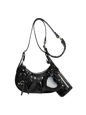 Borsa a Tracolla da Donna in Pelle PU con Motivo Coccodrillo Borsa a Mezzaluna con Rivetti Specchio a Cuore
