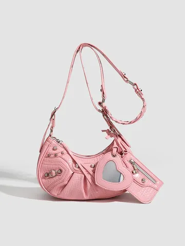 Borsa a Tracolla da Donna in Pelle PU con Motivo Coccodrillo Borsa a Mezzaluna con Rivetti Specchio a Cuore