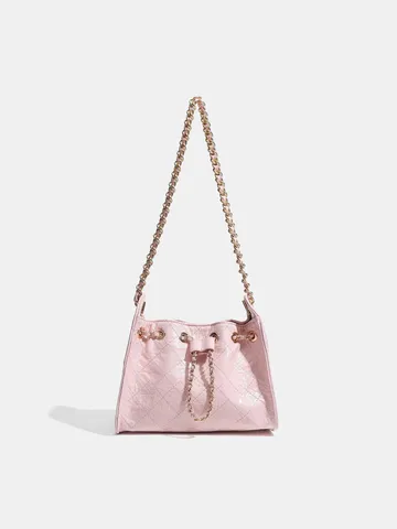 Borsa a Secchiello Trapuntata con Catena e Coulisse Donna Retro Grande Capacità in Pelle PU Borsa a Spalla