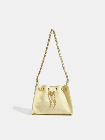 Borsa a Secchiello Trapuntata con Catena e Coulisse Donna Retro Grande Capacità in Pelle PU Borsa a Spalla