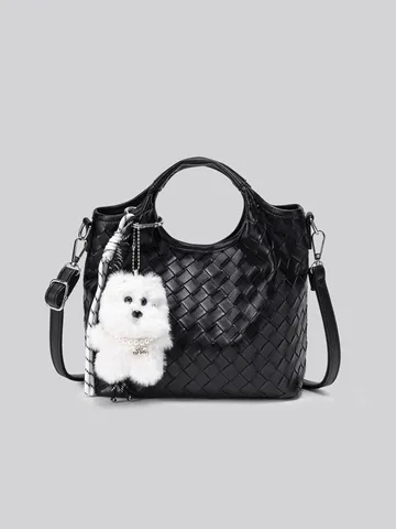 Borsa a Mano con Manico Superiore in Pelle PU Tessuta Moda Commuter Borsa a Tracolla con Ciondolo Cucciolo di Peluche