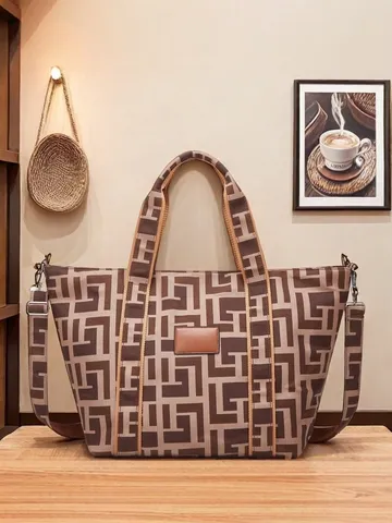 Borsa Tote da Donna Vintage con Stampa Geometrica Grande Capacità Borsa a Mano in Pelle PU Borsa a Spalla