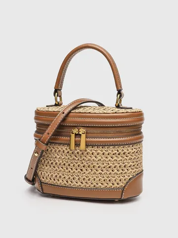 Borsa a Mano in Paglia Tessuta Impunturata Casual Retro Vacanza Spiaggia Donna Borsa a Tracolla Spalla Piccola Borsa a Scatola