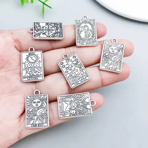 Antique Silver Zinc Alloy Tarot Card Charms Double Sided Celestial Pendants For DIY Jewelry Making Necklaces Bracelets Earrings Findings Retro Mystical Style Accessories