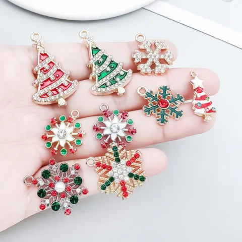 Zinc Alloy Rhinestone Christmas Tree Snowflake Pendants Drip Oil Enamel Charms DIY Handmade Jewelry Accessories