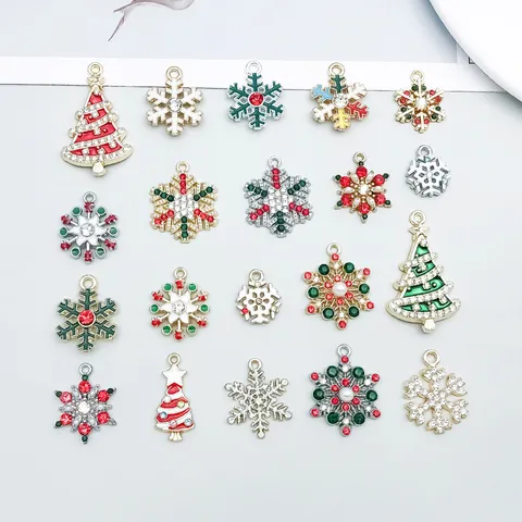 Zinc Alloy Rhinestone Christmas Tree Snowflake Pendants Drip Oil Enamel Charms DIY Handmade Jewelry Accessories