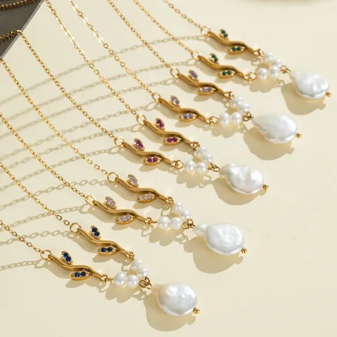 Französische Edelstahl Bunte Zirkon Zweig Halskette Luxus Barock Süßwasserperle Schlüsselbein Kette Damen Schmuck