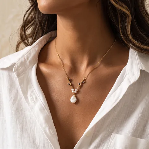 Französische Edelstahl Bunte Zirkon Zweig Halskette Luxus Barock Süßwasserperle Schlüsselbein Kette Damen Schmuck