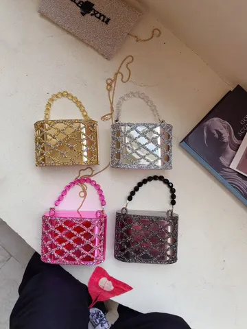 Dames Luxe Acryl Strass Cilindrische Avondtas Mode Heldere Glanzende Handtas Met Kralen Handvat Metalen Ketting Schouder Crossbody Tas