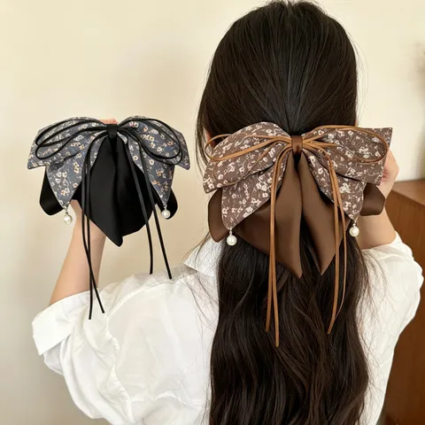 Vintage Blumen Schleife Haarklammer Mit Künstlicher Perle Quaste Elegante Chiffon Schleife Shark Clip Pferdeschwanz Halter Damen Haarschmuck