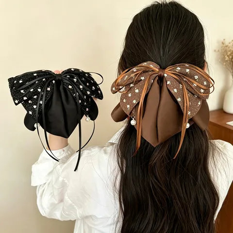 Blumen Schleife Haarklammer Mit Perlenanhänger Süß Vintage Große Bandschleife Haarnadel Elegant Haar-Accessoire Für Damen Alltag