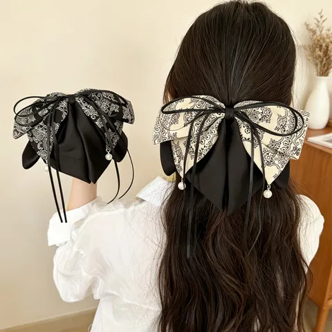 Koreanischer Stil Paisley Schleife Haarklammer Für Damen Elegant Schwarz Altweiß Stoffband Künstliche Perle Anhänger Große Pferdeschwanz Clip Haarschmuck