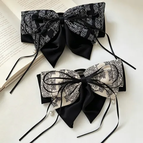 Koreanischer Stil Paisley Schleife Haarklammer Für Damen Elegant Schwarz Altweiß Stoffband Künstliche Perle Anhänger Große Pferdeschwanz Clip Haarschmuck