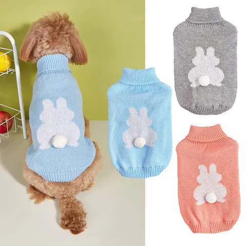 Fall Winter Warm Knitted Pet Sweater Cute Rabbit Pattern Pom Pom Dog Cat Clothes High Neck Elastic Pullover