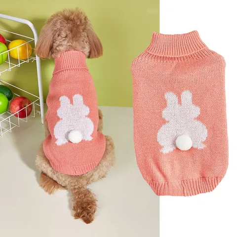 Fall Winter Warm Knitted Pet Sweater Cute Rabbit Pattern Pom Pom Dog Cat Clothes High Neck Elastic Pullover