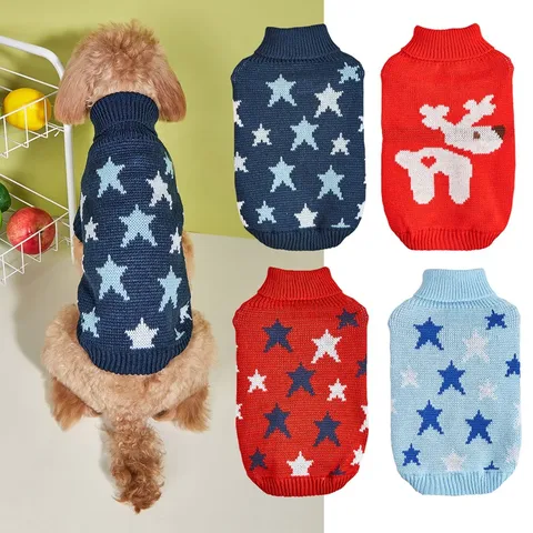 Pet Dog Sweater Warm Knit Mock Neck Winter Clothes Red Star Deer Pattern Small Dog Apparel Pet Supplies