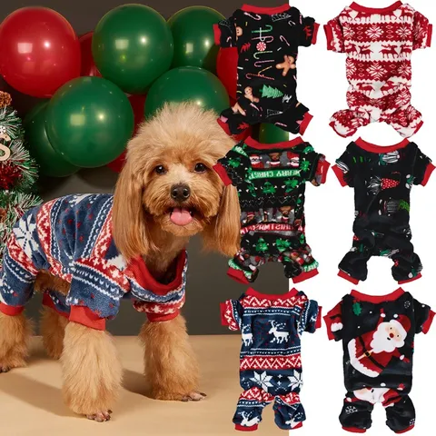 Pet Dog Christmas Fleece Four Legged Clothes Warm Winter Apparel Cute Santa Elk Print Puppy Jumpsuit Outfit