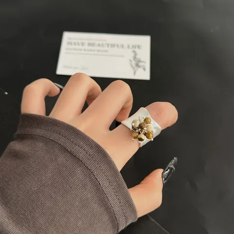 Bague Ouverte Large Vintage Effet Vieilli Femmes Cuivre Géométrique Perles de Rocaille Gland Visage Souriant Bague Retro Ajustable Bijoux