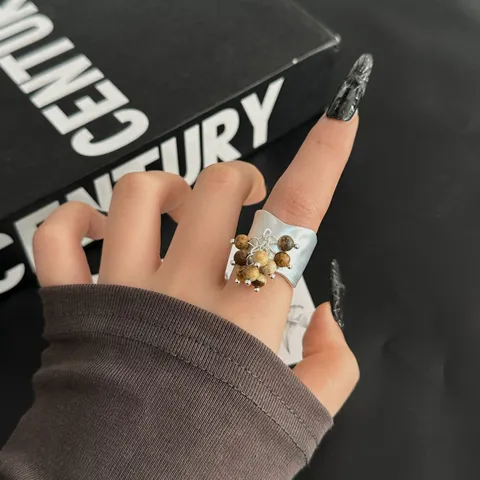 Bague Ouverte Large Vintage Effet Vieilli Femmes Cuivre Géométrique Perles de Rocaille Gland Visage Souriant Bague Retro Ajustable Bijoux