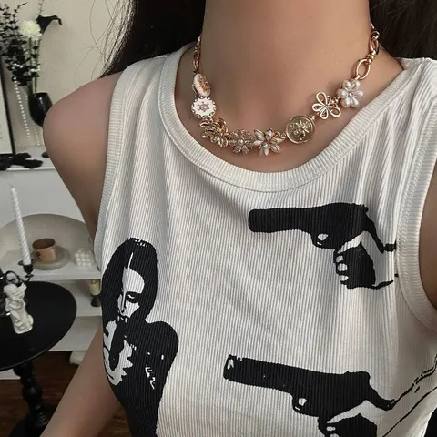 Collier Pendentif Floral Vintage Heavy Industry pour Femmes Alliage de Cuivre Plaqué Or Avec Perle Artificielle Strass Bijoux Choker