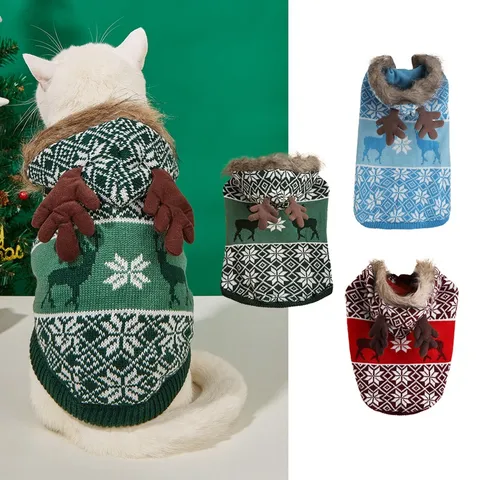 Winter Thickened Fleece Knitted Dog Sweater Antlers Reindeer Pattern Cold Proof Pet Clothes Warm Apparel