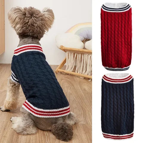 Pet Dog Cat Sweater Winter Warm Knitwear Vintage Cable Knit Pullover Cute Navy Striped Puppy Clothes Apparel Pet Supplies