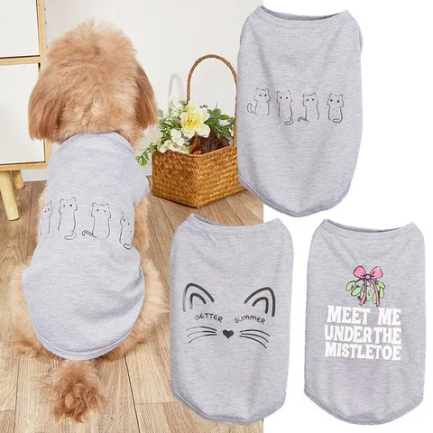 Summer Thin Cool Pet Clothes Gray Cat Letters Bow Pattern Dog Cat Vest Breathable Soft Daily Apparel