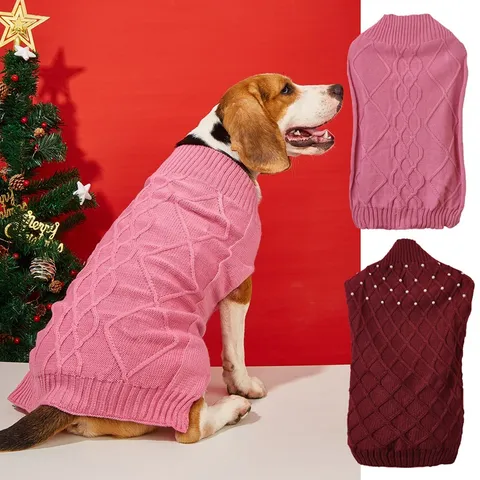 Pet Dog Sweater Argyle Turtleneck Winter Warm Knitted Apparel For Small Dogs