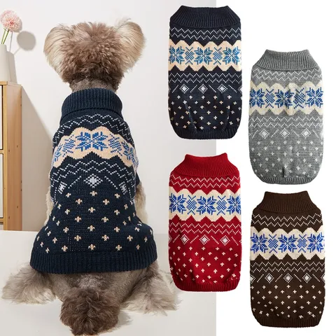 Pet Dog Winter Warm Knitted Sweater Snowflake Geometric Print Turtleneck Puppy Clothes For Small Medium Dogs Apparel