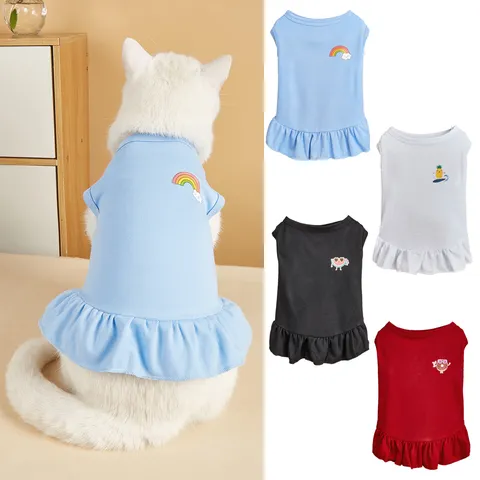 Fall Winter Cute Pet Dog Cat Dress Cartoon Fruit Print Ruffle Hem Vest Princess Dress Small Puppy Apparel
