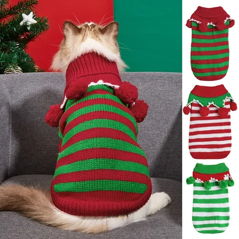 Pet Christmas Knitted Sweater Red White Green Striped Warm Stretchy Pullover Clothes For Small Dogs And Cats Winter Apparel