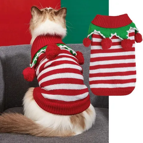 Pet Christmas Knitted Sweater Red White Green Striped Warm Stretchy Pullover Clothes For Small Dogs And Cats Winter Apparel