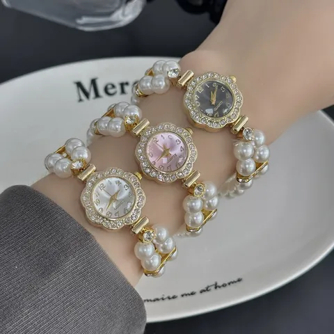 Reloj de Pulsera de Cuarzo a la Moda para Mujer Aleación Doble Fila de Perlas Artificiales Diamante de Imitación Esfera de Flor Joyería Regalo