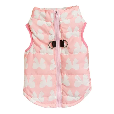 Polyester Winter Warm Dog Vest Cotton Padded Coat With Bowknot Print Zipper And Leash Hole Pet Apparel