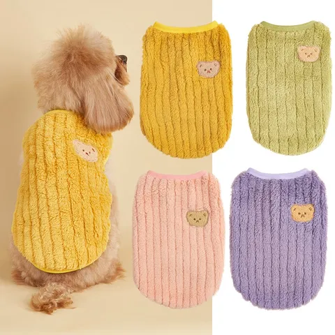 Gilet Chaud en Polaire Corail pour Chien Animal de Compagnie Jolie Broderie Ours Vêtements Chiot Chat