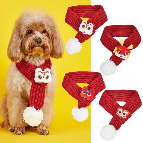 Pet Winter Scarf Cute Lion Dance Dragon Horn Knitted Warm Neckwear Festive New Year Dog Cat Scarf With Pom Pom