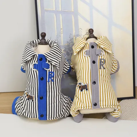 Pet Dog Clothes Four-Legged Jumpsuit Cute Gentleman Style Striped Shirt Puppy Apparel Breathable Comfortable