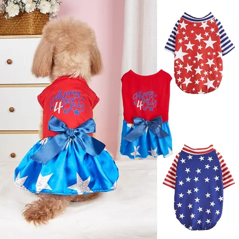 Cute Summer Thin Breathable Puppy Dog T-Shirt Dress Bow Five-Pointed Star Stripe Pet Apparel Small Dog Clothes
