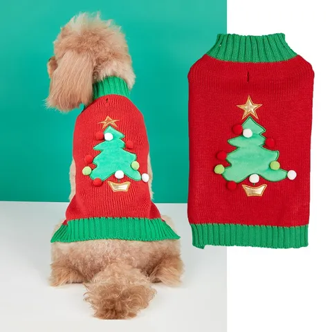 Pet Christmas Sweater Dog Cat Warm Knit Pullover Winter Festive Costume With 3D Pom Pom Star Design XS S M L