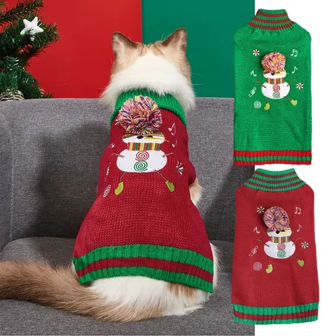 Christmas Pet Knit Sweater For Dogs And Cats Red And Green Turn-Down Collar Snowman Embroidery Warm Winter Apparel