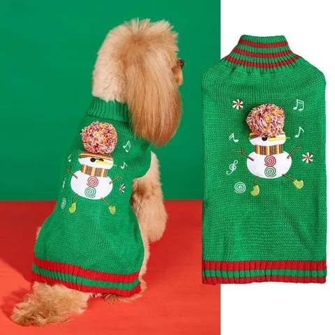 Christmas Pet Knit Sweater For Dogs And Cats Red And Green Turn-Down Collar Snowman Embroidery Warm Winter Apparel