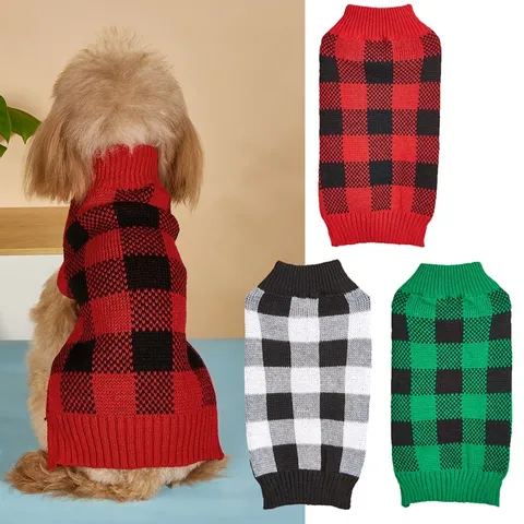 Classic Retro Color Blocking Plaid Dog Sweater Turtleneck Knitted Warm Puppy Clothes For Small Dogs Chihuahua Yorkie Winter Apparel