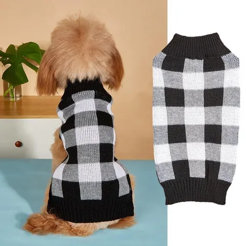 Classic Retro Color Blocking Plaid Dog Sweater Turtleneck Knitted Warm Puppy Clothes For Small Dogs Chihuahua Yorkie Winter Apparel