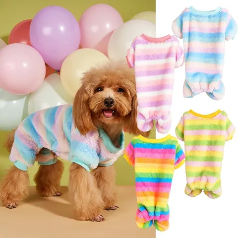 Autumn Winter Pet Dog Clothes Colorful Striped Coral Fleece Warm Four Legged Jumpsuit Apparel For Small Dogs Puppy
