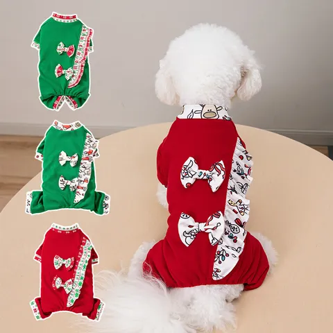 Christmas Pet Jumpsuit Dog Clothes Bowknot Ruffles Design Puppy Apparel Winter Warm Festive Outfit for Small Dogs Teddy