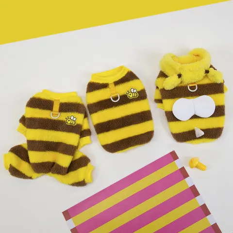 Funny Bee Shape Striped Pet Winter Clothes Cute Warm Fleece Dog Onesie Hooded Pet Apparel For Small Dogs And Cats