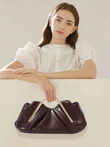 Women Fashion Pleated Cloud Bag PU Leather Retro Handbag Geometric Metal Handle Elegant Evening Clutch Purse