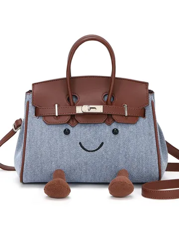 Women Canvas Denim Patchwork Handbag Cute Smile Embroidery Shoulder Crossbody Bag Fashion Commuter Top Handle Bag
